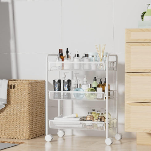 3 4 OVICAR Mesh Wire Tier Rolling Cart, Kitchen Storage Utility Cart, Multifunction Basket Stand for Bathroom, Full