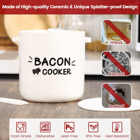 SOLIGT Ceramic Bacon Cooker for Microwave Oven - Splatter-Proof Design Microwave Bacon Cooker with Lid and Bonus Tongs - Easy Faster Bacon Maker for Yummy Crispy Bacon