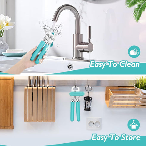 Manual Can Opener, 10 Colors, Heavy Duty Handheld Stainless Steel, Smooth Edge, Easy Turn Knob, Aqua Sky