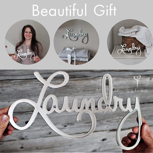 Metal Laundry Sign for Wall Decor - Silver, 11 X 6.3 Inches Hand Polished Stainless Steel with Installation Kit