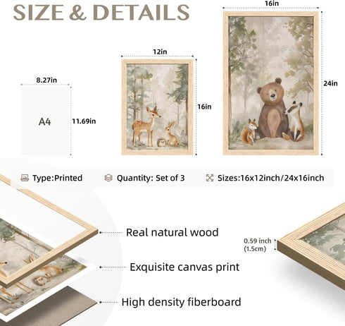 Cyebmo Set 3, 12"x16"x3 Woodland Animals Wall Art of Baby Boy Wild Forest Animals Wall Decor, Deer Bear Fox Canvas