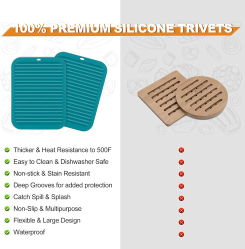 Joyhalo 4 Pack Trivets for Hot Dishes - Silicone Hot Pads for Kitchen 9'' x 12'', Heat Resistant to 480°F, Dark Green