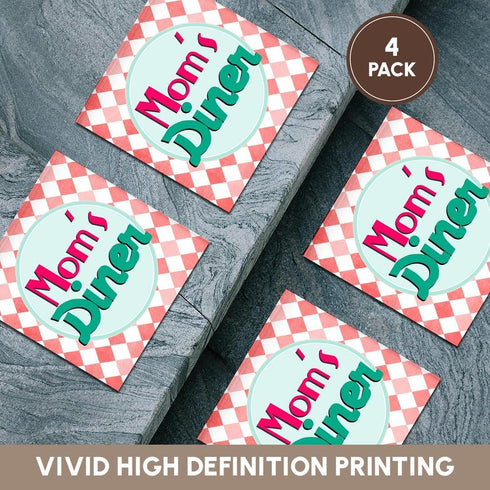 3dRose Moms Diner Sign on Red, Retro Hot Pink Turquoise Teal Blue, Set of 4 Coasters