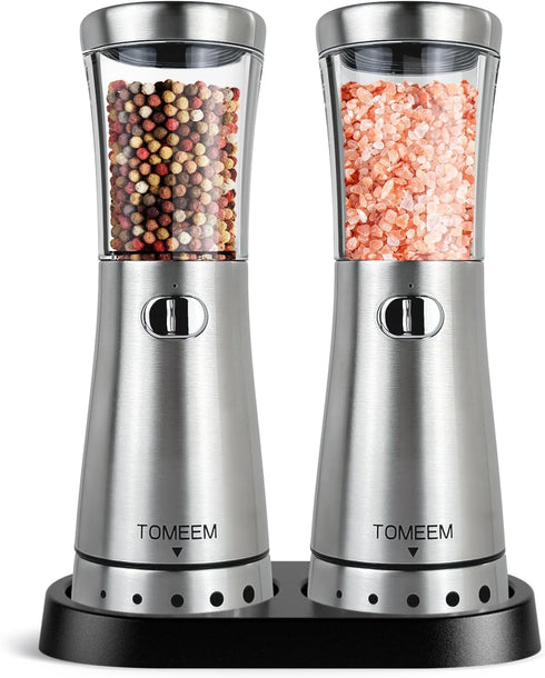Electric Salt and Pepper Grinder Set with Storage Base, Stainless Steel Rechargeable
