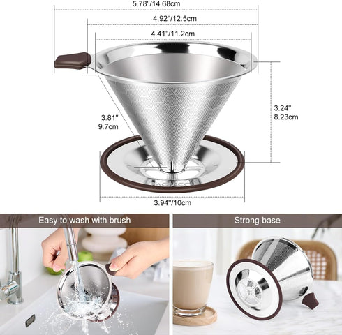 Pour Over Coffee Dripper, Professional Stainless Steel Filter, Paperless Reusable with Spoon and Silicone Tray