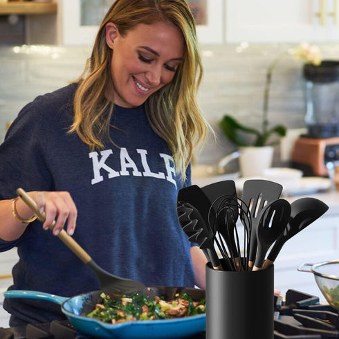 Matte Black Utensil Holder for Kitchen Counter, Ceramic Kitchen Utensils Holder for Countertop Easy to Clean, High 6.4” Modern Cooking Spatula Holder Crock for Home decor 4.5×6.4 In By LATCHHOOK