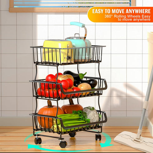 3-Tier (1 Pack) Gsiekare Rolling Pantry Organizer and Storage Cart with Wheels Stackable Wire Snack Cart for Kitchen