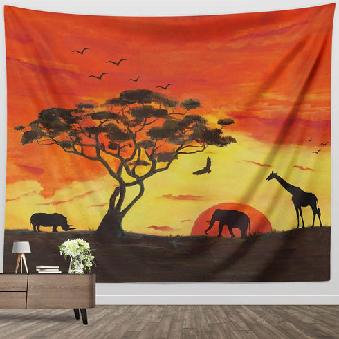 Animal Tapestry Small, Handpainted Safari African Elephant Tree Silhouette Fabric Wall Hanging Decor for Bedroom