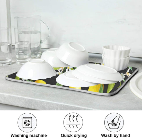 ALAZA Yellow Lemon on Black Dish Drying Mat, Absorbent Microfiber Small Pad for Kitchen Countertops 16 x 18 Inch
