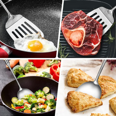 Stainless-Steel Turner Spatula Set, 2 Piece, Slotted Turner and Wok Spatula, Heavy Duty Kitchen Utensils for Cooking