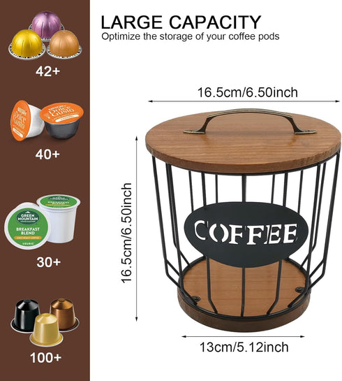 Round Coffee Pods Holder with Wooden Lid and Base, Wire Storage Basket for Home Cafe Bar Countertop Decor (Black)