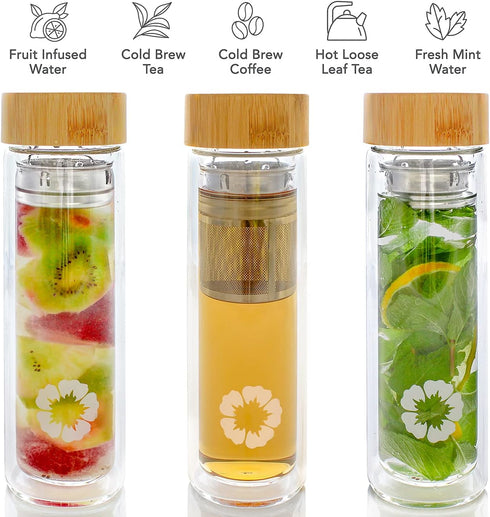 15 oz 450 ml Teabloom All-Beverage Tumbler / Tempered Glass Travel Bottle Hot and Cold Tea Infuser Cold-Brew Coffee