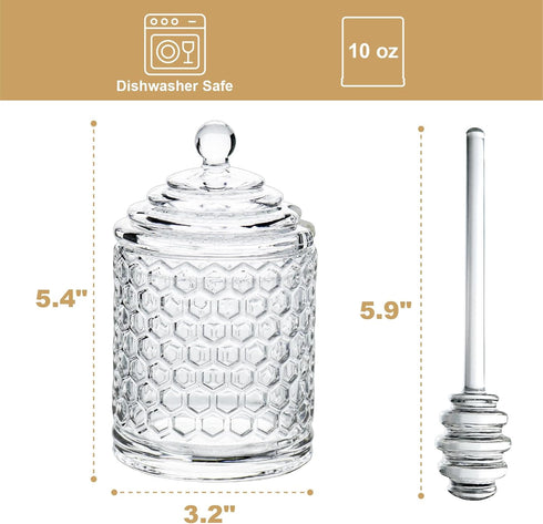 Iyulania (10 oz) Glass Honey Jar with Lid and Dipper, Honeycomb-Inspired Design Container, Heavy Honey Pot for Home
