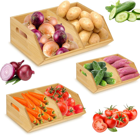 Barydat 3 Pcs Onion and Potato Storage, Bamboo Pantry Organizer, Stackable for Kitchen, Countertop, Vegetable Storage