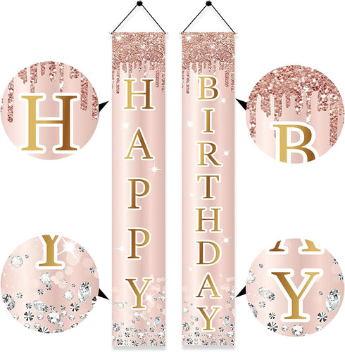 Pink Rose Gold Happy Birthday Door Banner Decorations, Birthday Party Porch Sign Supplies for Women Girls, Sweet 16th