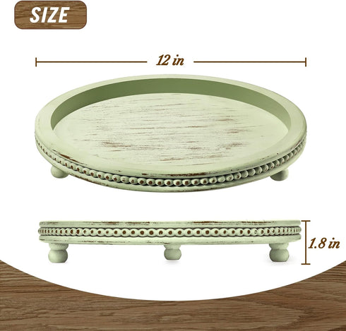 KULEDM Handmade Wooden Decorative Tray, Small Beaded Coffee Table Tray Decor, Sage Round Serving Tray for Coffee Table