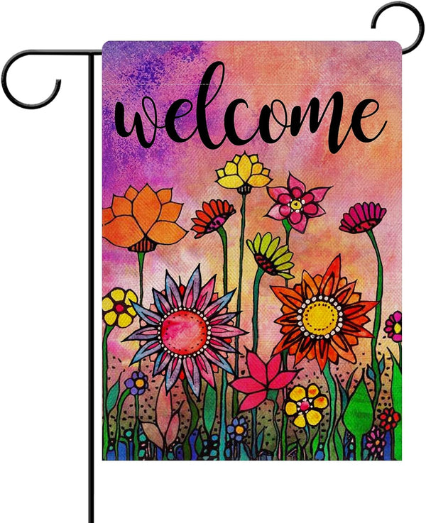 Welcome Spring Summer Garden Flag Double Sided 12 x 18, Vintage Sunflower Burlap Flowers Outdoor House Yard Decor