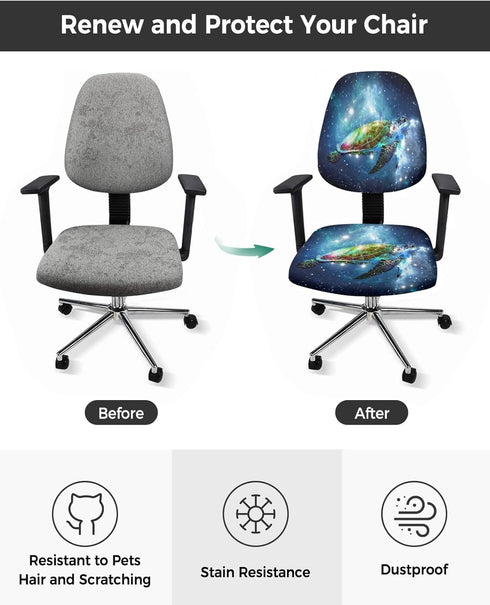 Sea Turtle Office Chair Cover - Stretch Rotating Computer Chair Seat Back Covers, Nautical Coastal Starry Sky Navy Blue Ombre Desk Chair Covers Stretchable Office Chair Slipcovers Protectors by LiDU