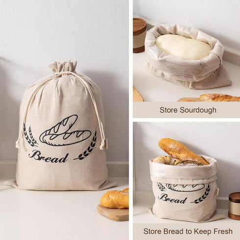 2 Pack 17" 13" Linen Bread Bags for Homemade Bread - Plastic Lined - Reusable Linen Sourdough Bread Storage Bags