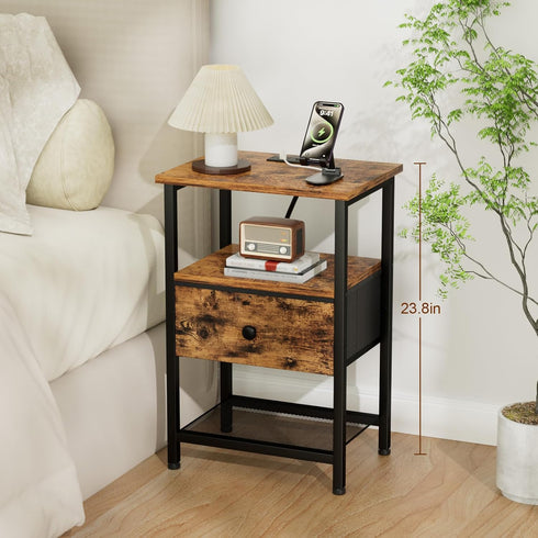 HETS010BR-1 LOAKEKEL Night Stand with Charging Station, Small Bedside Table with Fabric Drawer, Nightstand with USB