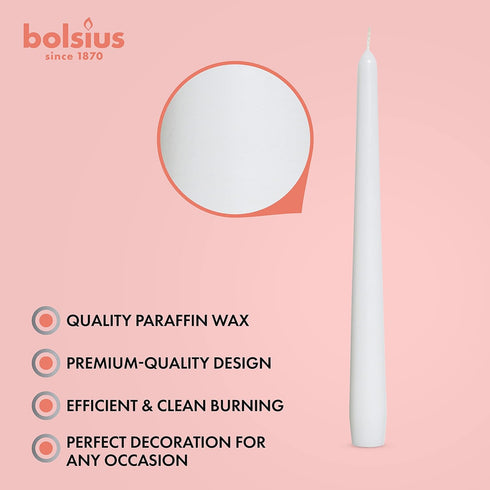 BOLSIUS White Taper Candles, 4 Pack Unscented 10 Inch Dinner Candles, 8 Hours Burn Time for Home Decor