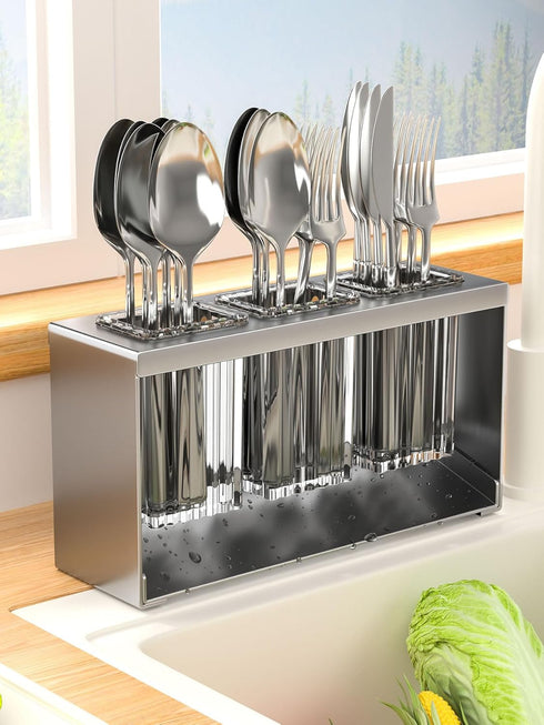 Countertop Cutlery Drying Holder, 3 Cups Cutlery Drainer Box, Tabletop Utensil Organizer for Forks, Chopsticks, Kitchen