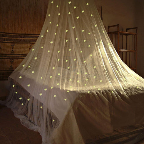 Bed Canopy Mesh Netting with Fluorescent Stars, Glow in Dark Hanging Dome Canopy for Single to King Size Beds, White
