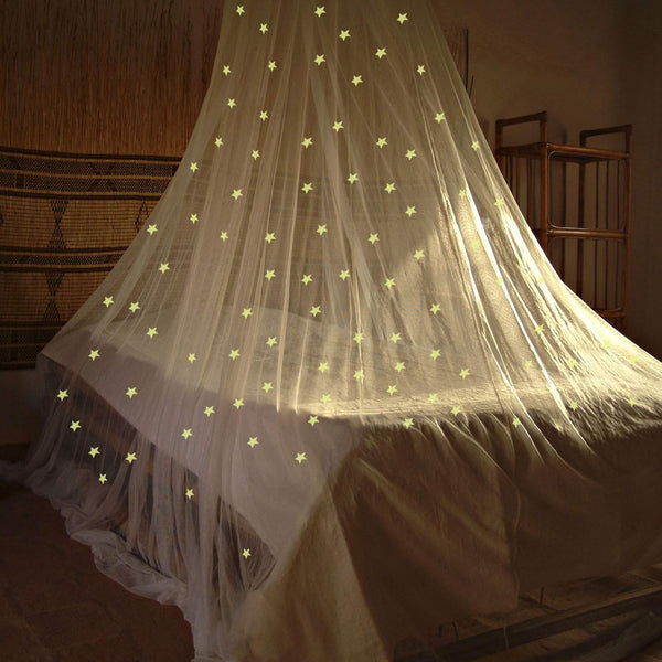 Bed Canopy Mesh Netting with Fluorescent Stars, Glow in Dark Hanging Dome Canopy for Single to King Size Beds, White