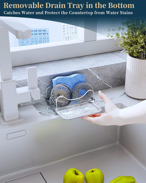 Consumest 304 Stainless Steel Sponge Holder for Kitchen Sink, Movable Caddy with Detachable Drip Tray - Silver