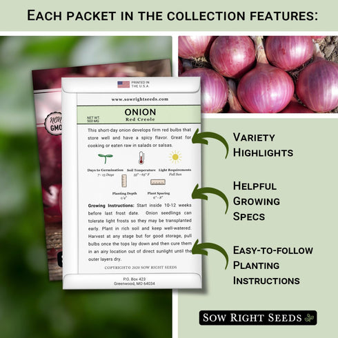 Packets Sow Right Seeds - Short Day Onion Seed Collection for Planting - Red Creole, Crystal White Wax, Texas Early