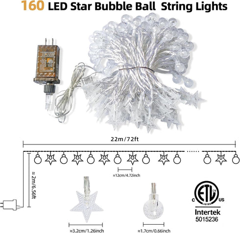 BYIZO 72 160 Crystal Globe & Star String Lights Plug in - FT LED Star Fairy String Lights with Remote Control Timer