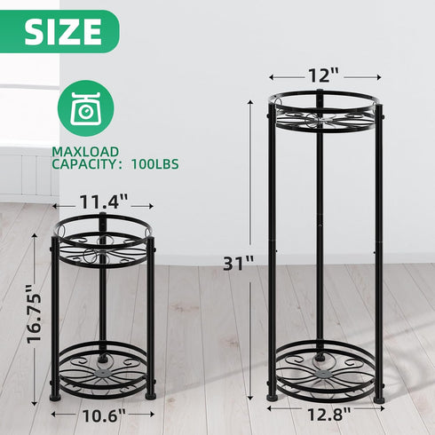 31 2 Pack, Simple Trending Round Plant Stand Indoor Outdoor, Waterproof Metal Tall Plant Shelf Holder, Heavy Duty