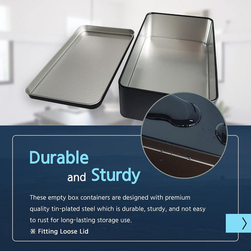 Black Metal Tin Box Lids - Large Containers for Keeping Car Keys, Cookies, Pencil Case, 8.2 x 4.7 x 2.4 inch