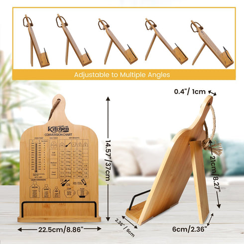 Cookbook Stand for Kitchen Counter, Bamboo Cookbook Holder, Foldable Cook Book Holder, Adjustable Recipe Book Stand, Cook Book Stand with Measurement Conversion Chart by Femicgal