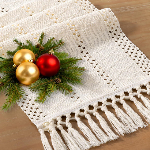 Summer 12x90 inch Socomi Boho Table Runner Macrame Farmhouse Woven Cotton Linen Rustic Coffee Table Runner with Tassels