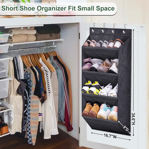 SLEEPING LAMB Over The Door Shoe Rack for Closet, Short Hanging Shoe Organizer with Large Deep Pockets, Narrow Door Shoe Storage for Boots in RV, Dorm, Black by SLEEPING LAMB