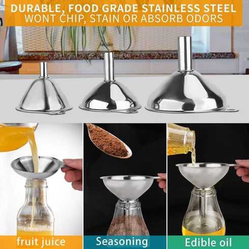 Metal Stainless Steel Funnel Set of 3, Large Medium Small Food Grade Mini Funnels for Kitchen Use with 2 Brushes YLYL