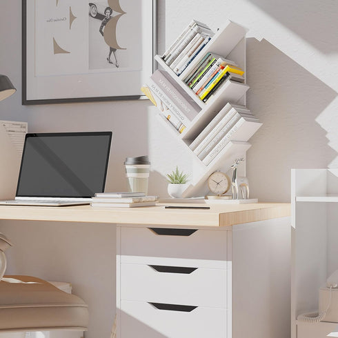 4 UHBC014W YMYNY Tier Tree Bookshelf, Small Bookcase, Modern Wood Book Storage Rack, Freestanding Book Shelf