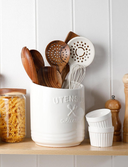 AISBUGUR Large Ceramic Utensil Holder, 7.5" H×6.3" W with Slanted Mouth, Non-Slip Cork Base for Kitchen Counter