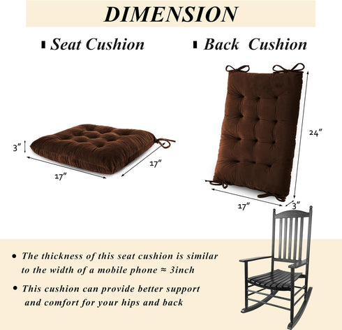 2 Set Rocking Chair Cushions Indoor Velvet Chair Pads High Back and Seat Cushion Piece Brown