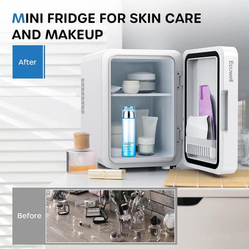 ECOWELL Mini Skincare Fridge with LED Mirror, 4L/6 Can for Makeup Cosmetic Beauty, Small Refrigerator for Bedroom Office