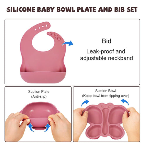 Set, Silicone Baby Feeding Baby Led Weaning Supplies, Silicone Suction Butterfly Plate, Bowl, Spoons, Fork