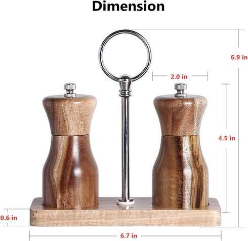 Acacia Wood Salt and Pepper Grinder Set, Manual Pepper Mill, Refillable, Adjustable Coarseness with Wooden Stand