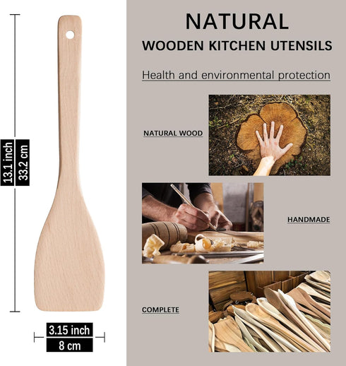 2pcs 13inch Wooden Spatulas for Cooking, Uncoated Beech Wood Turners for Frying, Non-Scratch Utensils