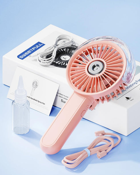 SWEETFULL Portable Misting Fan - 180° Foldable Handheld Fan with Mist Spray, USB Rechargeable for Travel and Home