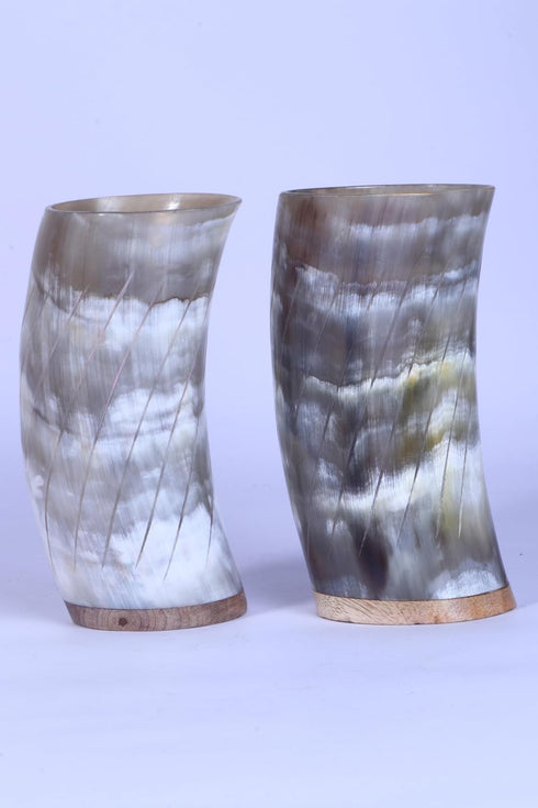 Buddha4all Set of 2 Wooden Base 6" Viking Drinking Horn Glass Beer Wine Gift Cup, Authentic Medieval Vessel