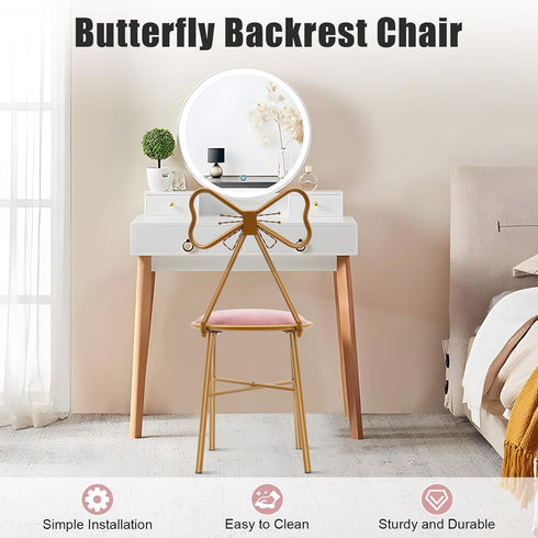 LOYALHEARTDY Modern Makeup Vanity Chair Stool Pink Bow Vanity Chair Cute Butterfly Stool Princess Chairs with Bow Knot