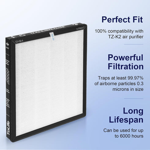 ToLife TZ-K2 Air Purifier Replacement Filter, 3-in-1 HEPA Activated Carbon Filter, TZ-K2-A, 1 Pack, White