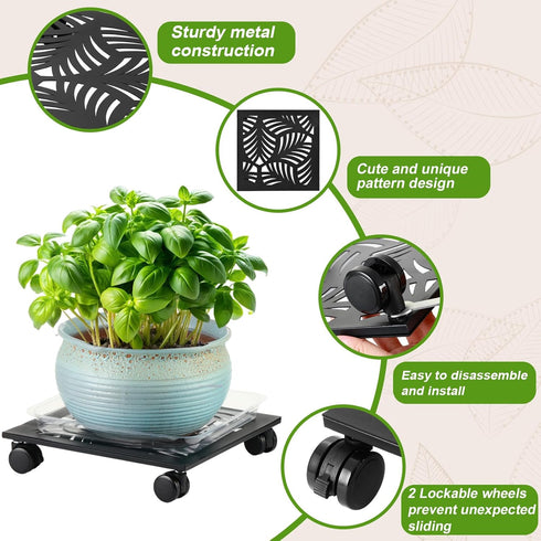 1 Pack 13.5" Metal Square Plant Caddy with Wheels Large Iron Rolling Plant Stand with Casters Heavy-Duty Plant Dolly