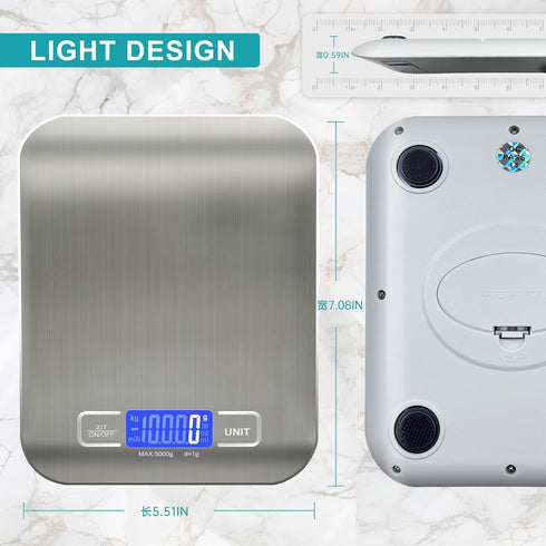 Food Scale, 11lb Kitchen Scale with 6 Units, Tare Function & LCD Display, Stainless Steel Digital Scale for Cooking